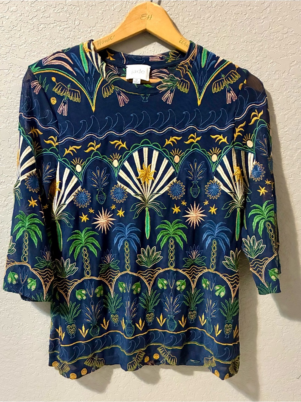 jade for Johnny Was Embroidered Three-quarter Sleeve Mesh Top
